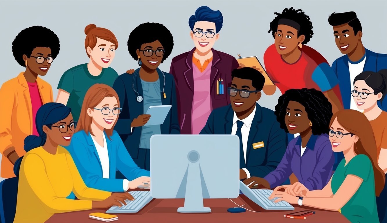 A group of diverse students gather around a computer, searching for information on RN to BSN programs with no prerequisites