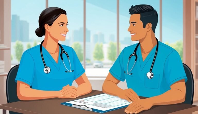 Two smiling doctors in scrubs sit at a desk, looking at each other