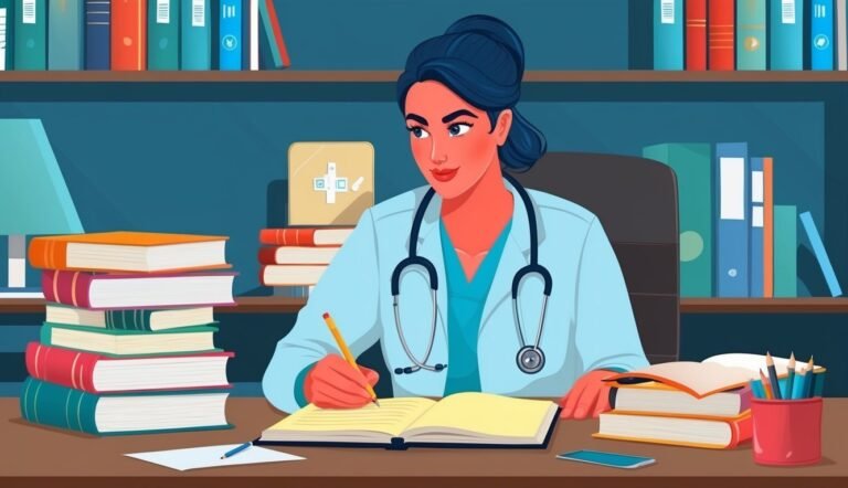 Female doctor writing in a notebook at a desk with books and shelves