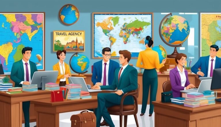 Travel agency office with employees, globes, and world maps on the walls
