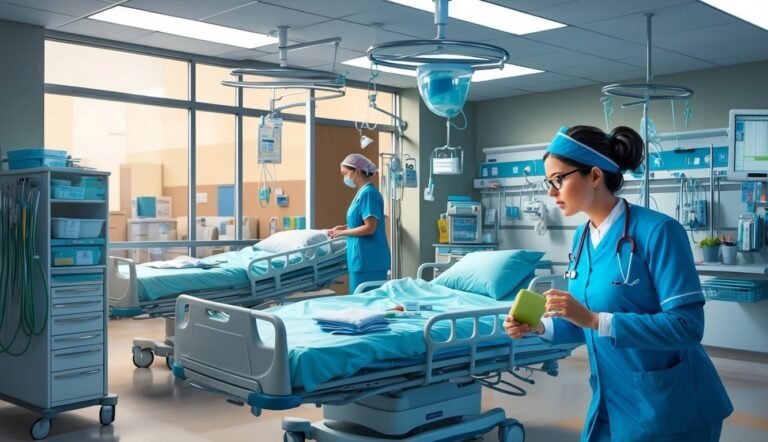 Two nurses in a hospital room, one looking at a tablet