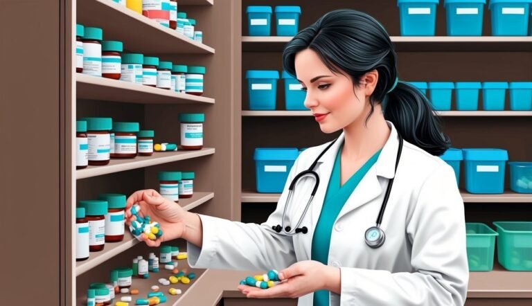 Pharmacist in white coat examines pills in a pharmacy setting