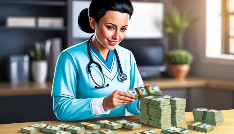 Smiling nurse in scrubs counts stacks of money on a table