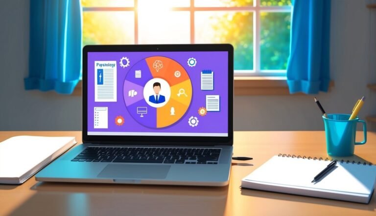 Laptop displaying a psychology diagram on a desk with a notebook and pens