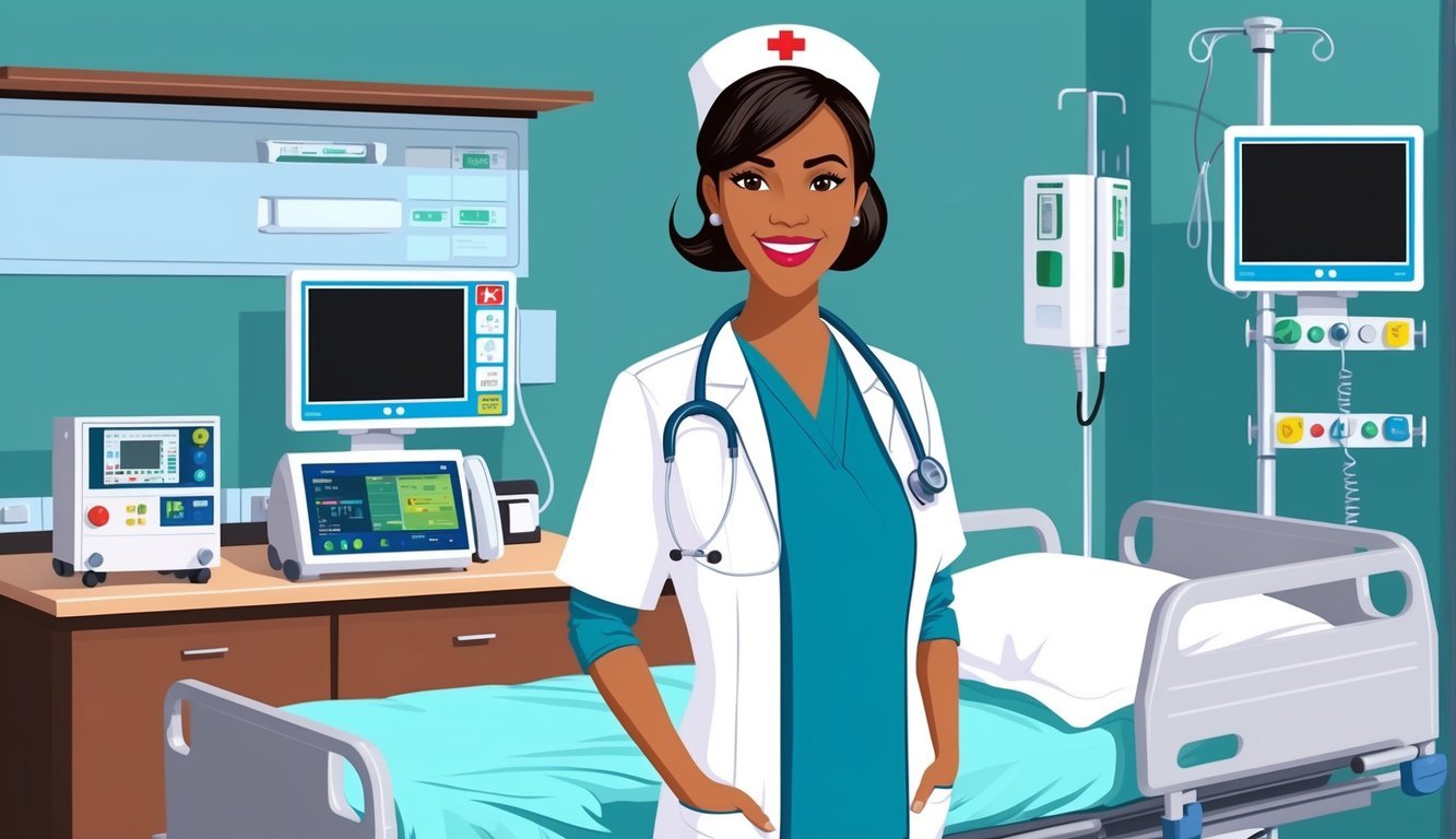 A nurse anesthetist in scrubs standing next to a hospital bed, with medical equipment and monitors in the background