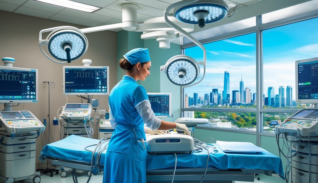 A nurse anesthetist working in a hospital operating room, surrounded by medical equipment and monitors, with a view of the city skyline through a large window