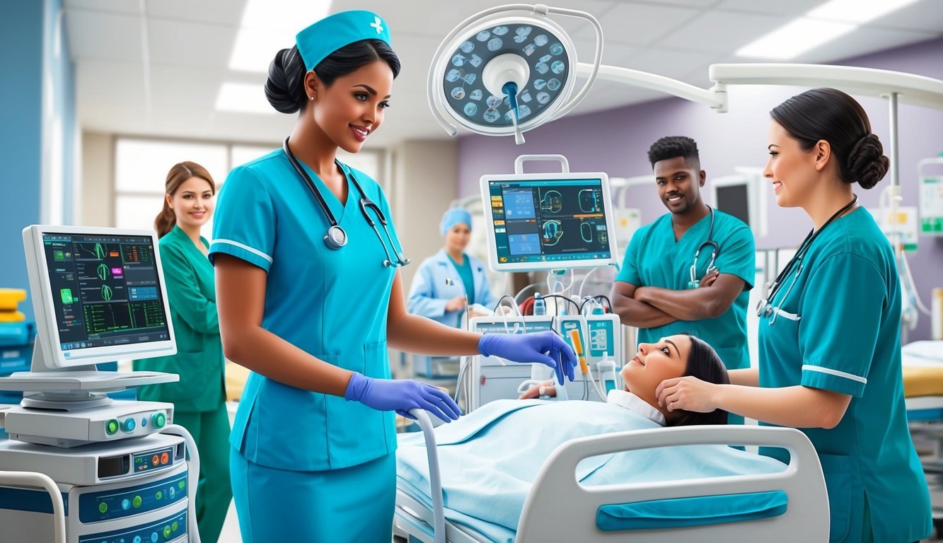 A nurse anesthetist in a hospital setting, working with medical equipment and monitors, while interacting with patients and medical staff