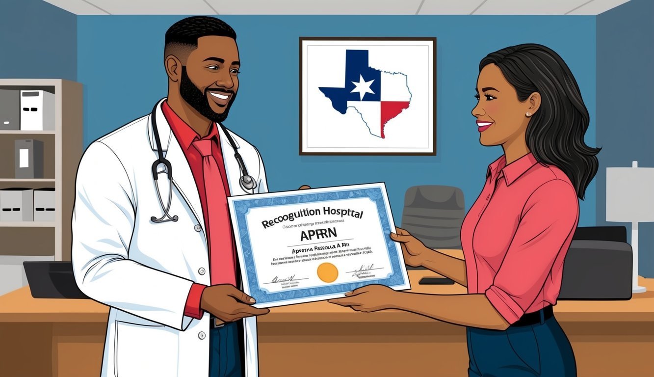 An APRN in a white coat receiving a recognition certificate in a Texas hospital office