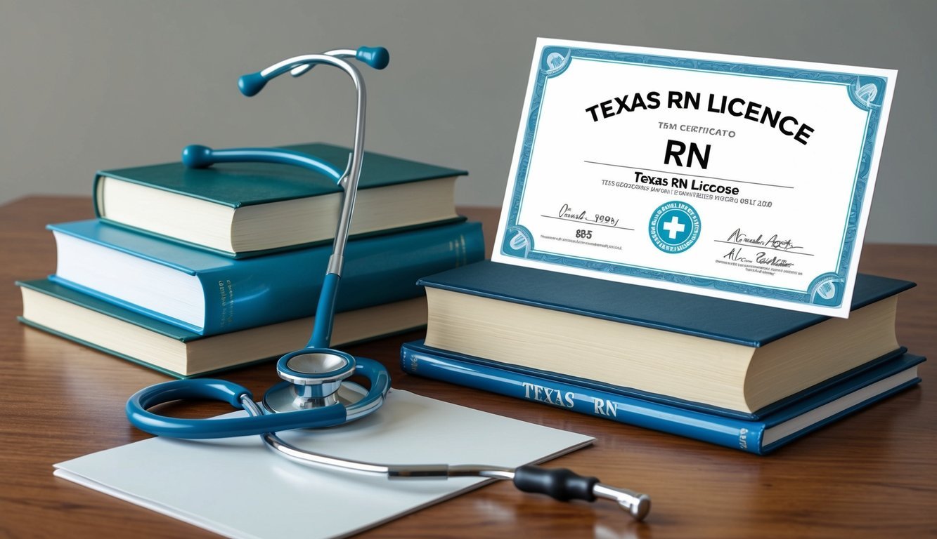 A stethoscope and a stack of medical books on a desk with a Texas RN license certificate displayed prominently