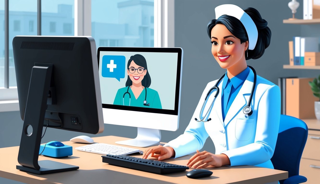A smiling nurse on a video call with a doctor on the screen