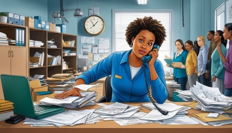 Woman on phone at a desk with paperwork, people waiting in line