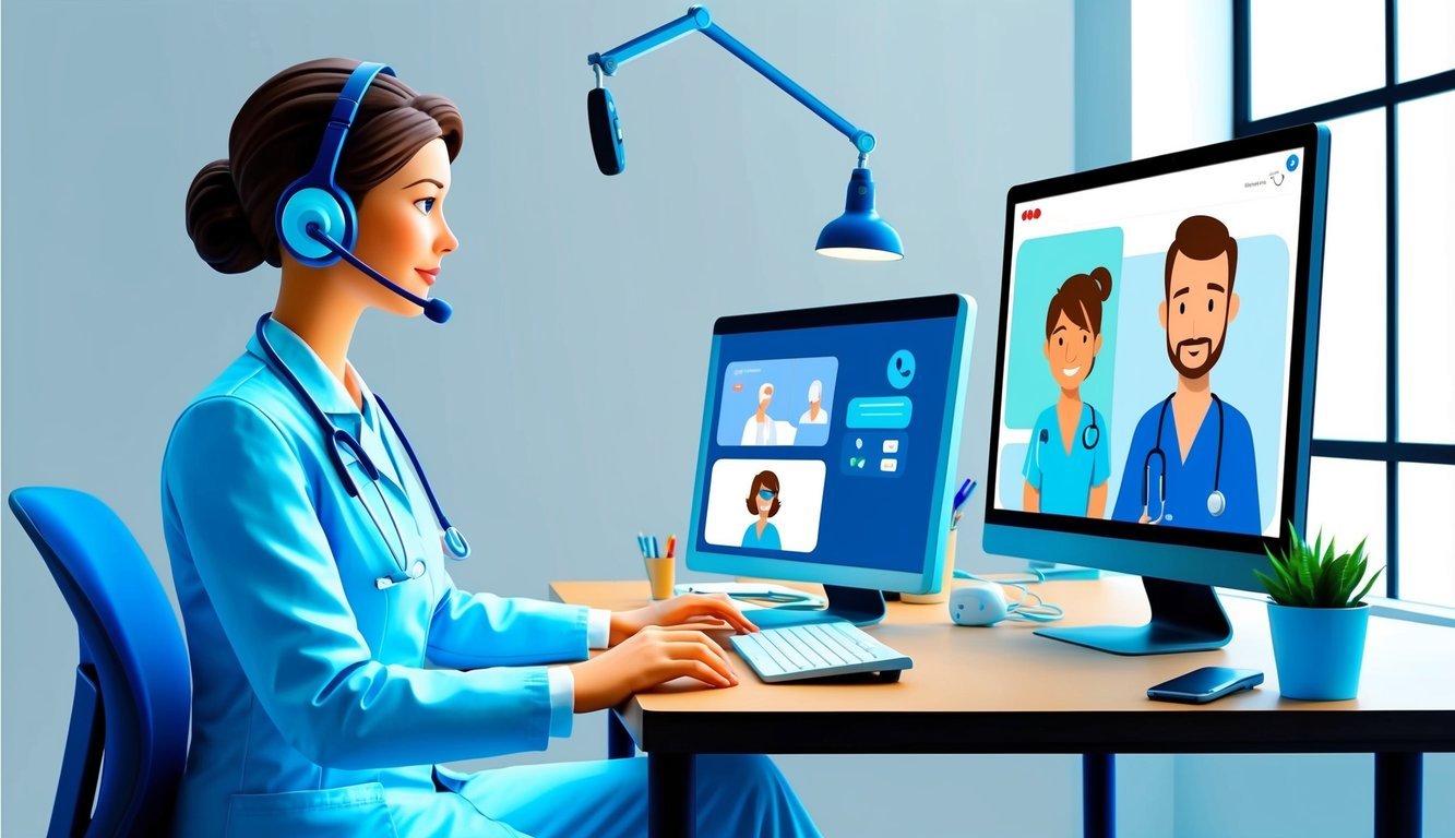 A telehealth nurse practitioner sitting at a desk with a computer, headset, and medical equipment, consulting with a patient via video call