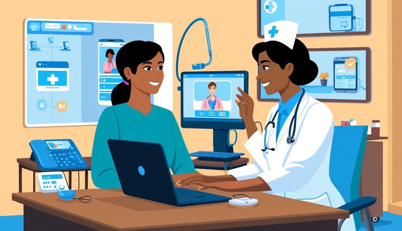 A telehealth nurse practitioner consulting with a patient via video call, with medical equipment and technology in the background