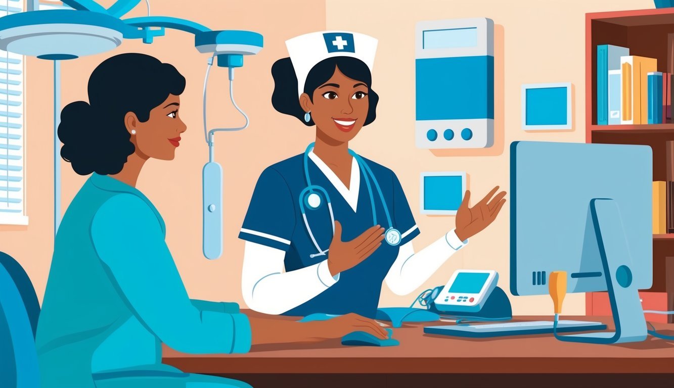 A nurse practitioner speaking with patients via video call, surrounded by medical equipment and a computer