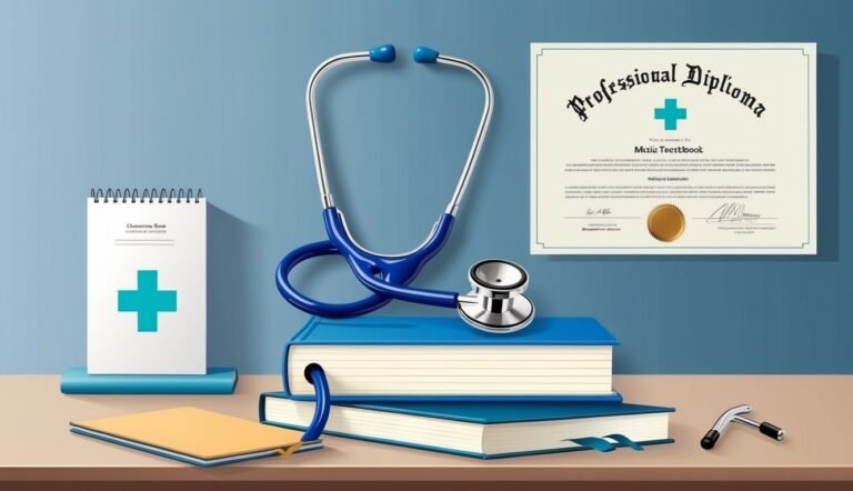 Stethoscope, diploma, books, and notepad representing medical education and healthcare