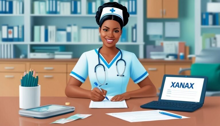 Smiling nurse writing on a form with a laptop displaying "XANAX" on desk
