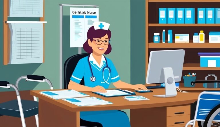 Geriatric nurse at desk, computer, medical supplies, and wheelchair in office