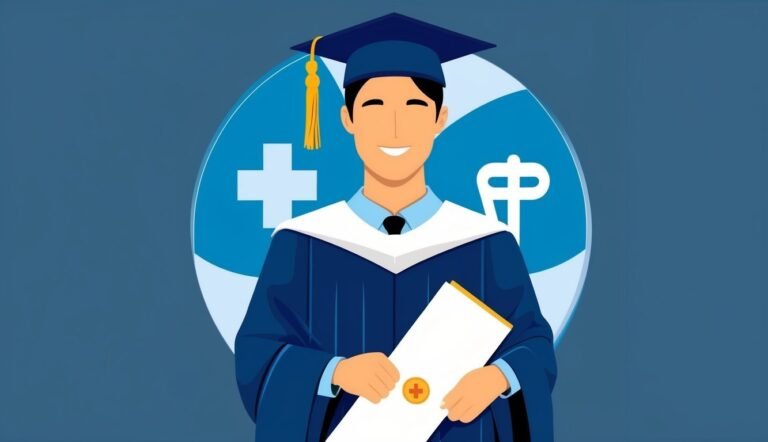 Medical graduate in cap and gown holding diploma, smiling