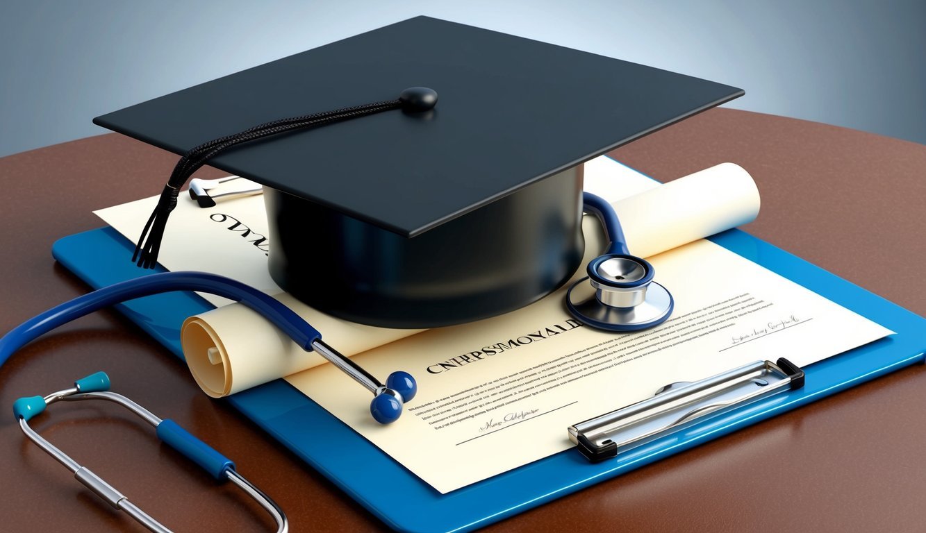A graduation cap resting on top of a diploma, with a stethoscope and a clipboard placed next to it
