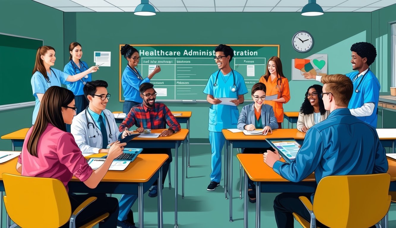 A classroom setting with students participating in hands-on activities related to healthcare administration