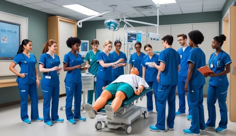 Medical students in scrubs gather around a patient on a gurney