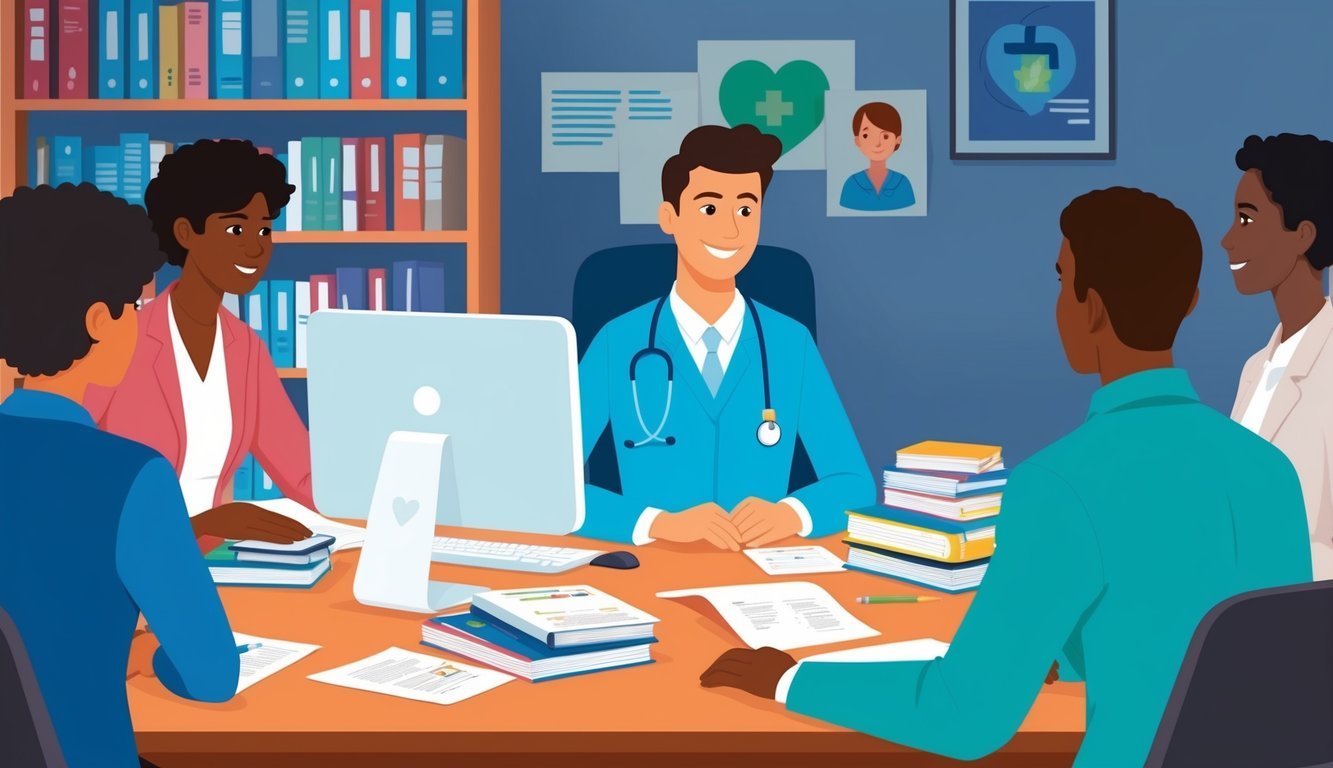 A person at a desk with a computer, surrounded by healthcare-related books and papers, answering questions from a group of people