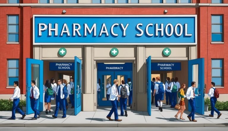 Pharmacy School building with students walking in and out of the doors
