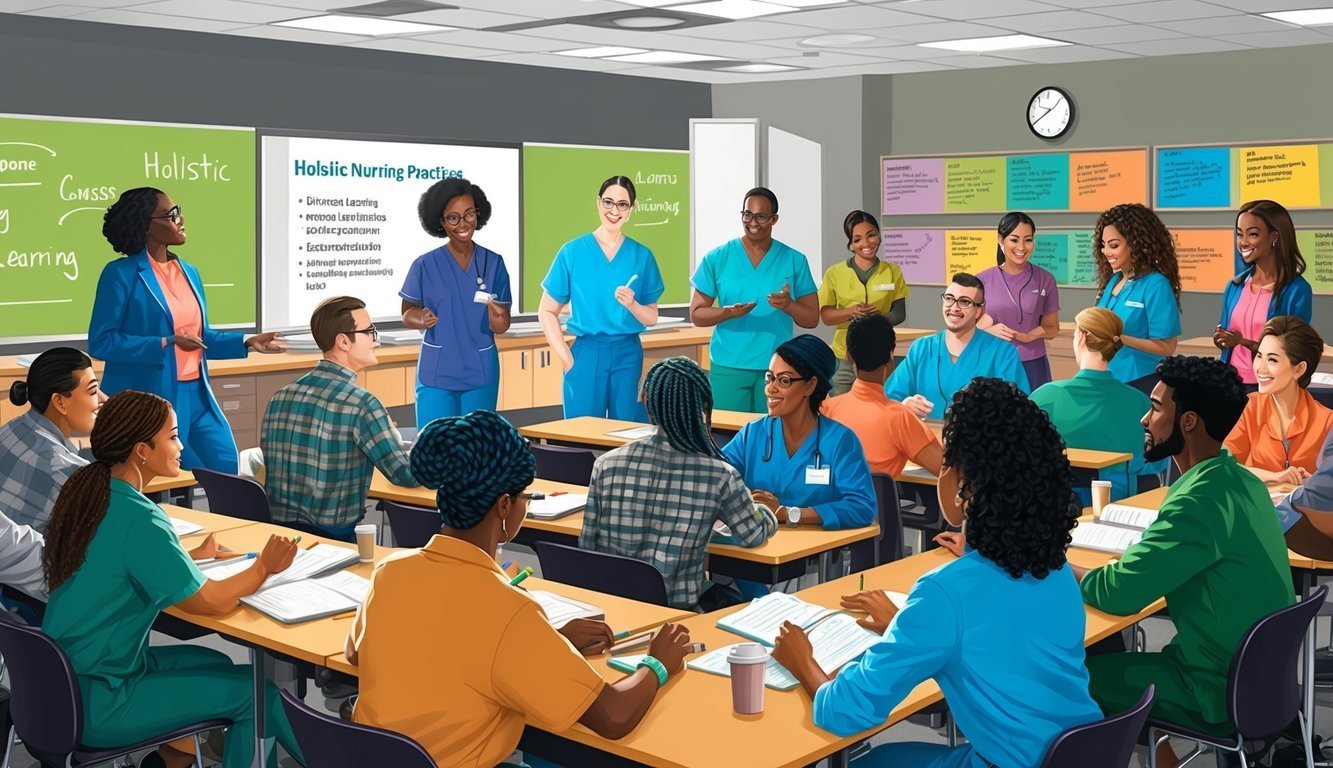 Nursing students in a classroom with instructors, discussing holistic nursing practices