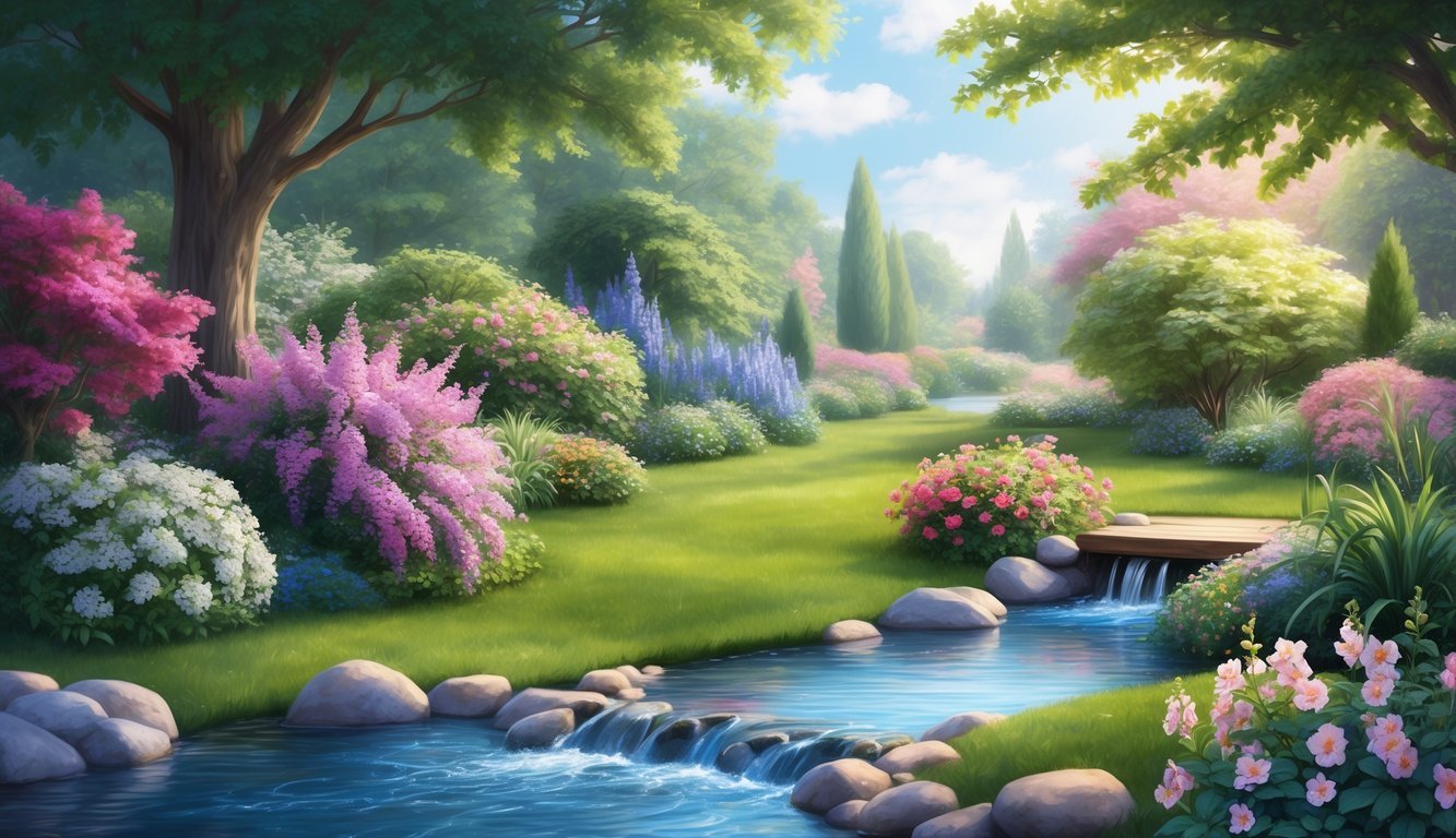 A serene garden with a flowing stream, blooming flowers, and a peaceful atmosphere