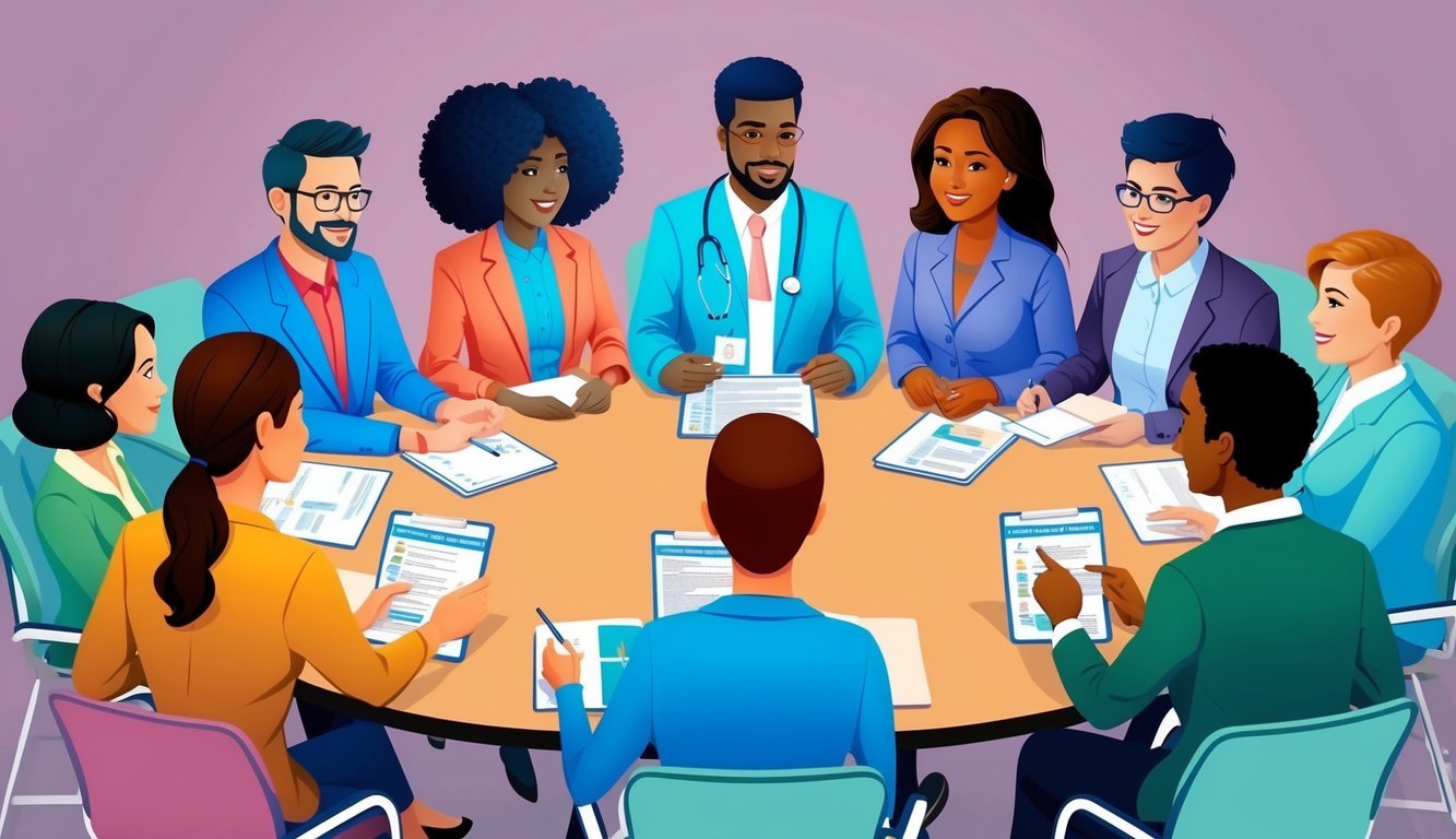 A group of diverse individuals gather around a table, discussing and exchanging information about accredited holistic nursing programs