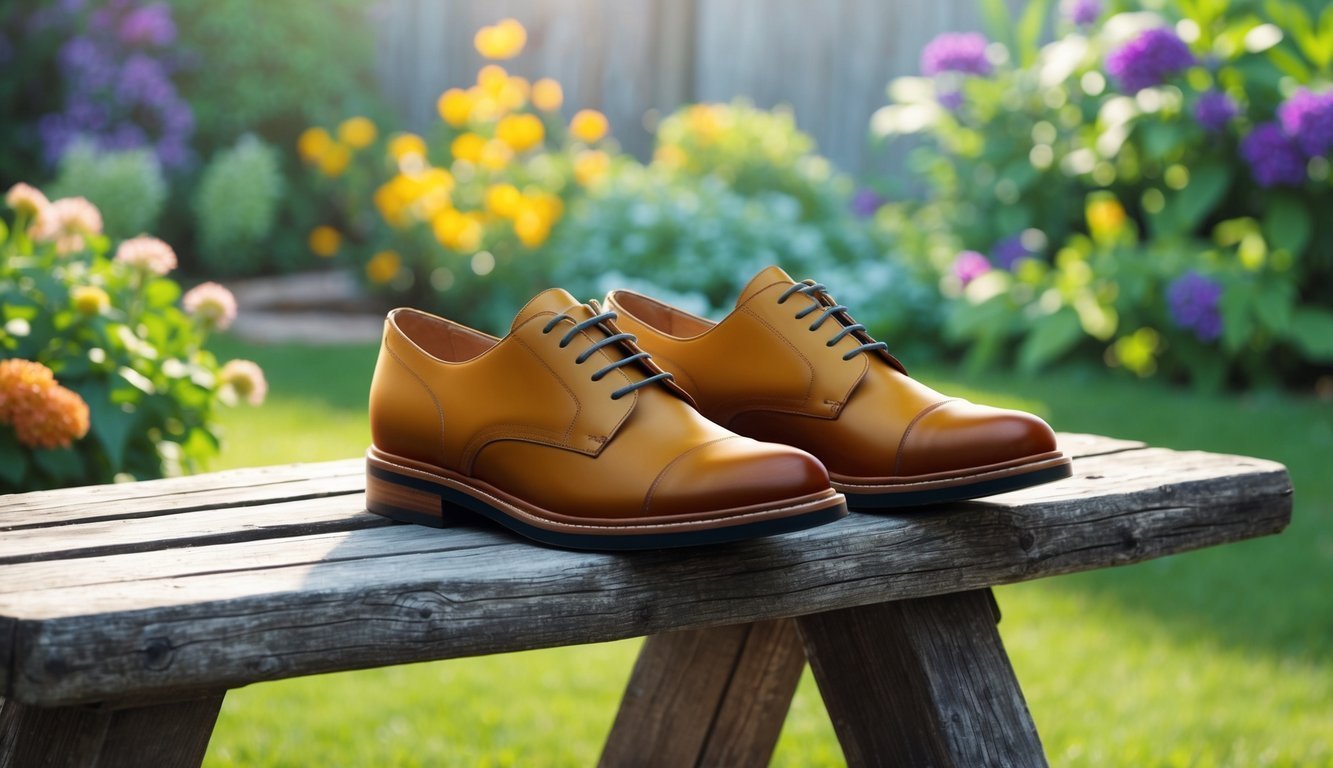 Pair of brown leather dress shoes on a wooden bench in garden