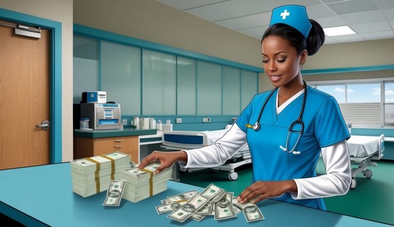 Nurse counting stacks of money in a hospital room, implying financial gain