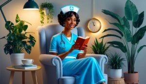 Nurse in blue uniform reading a book, sitting in a cozy armchair