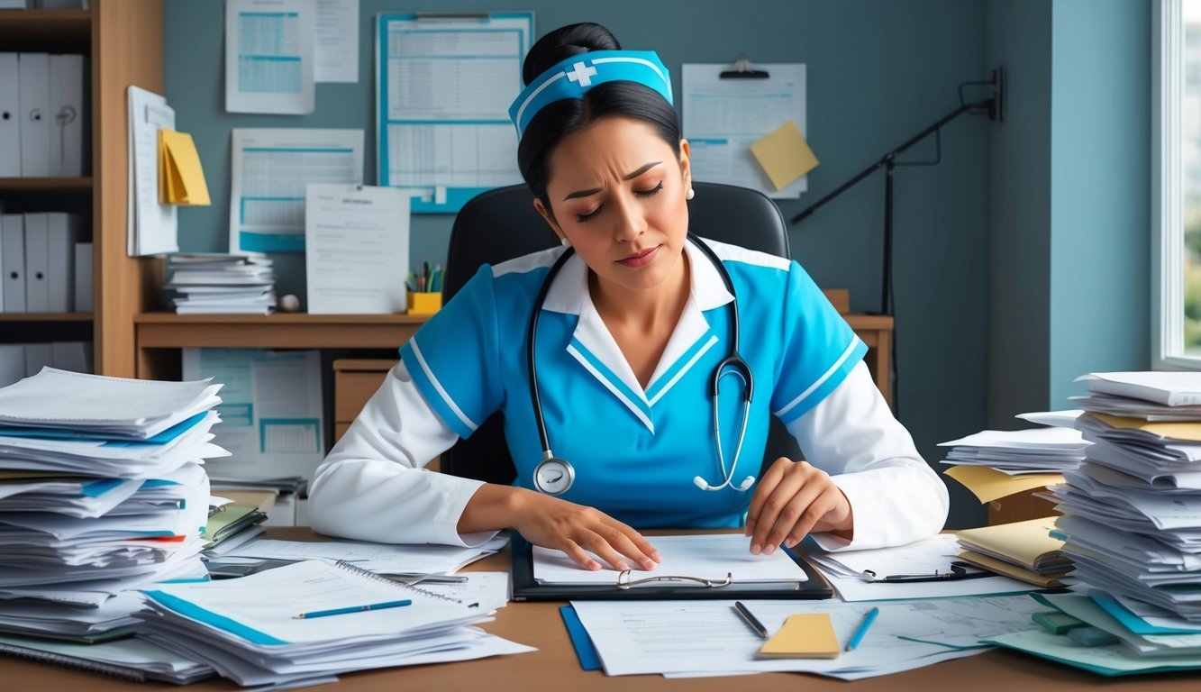 A nurse sitting at a cluttered desk, surrounded by medical charts and paperwork.</p><p>Their tired expression and slumped posture indicate the impact of occupational stress on their self-care