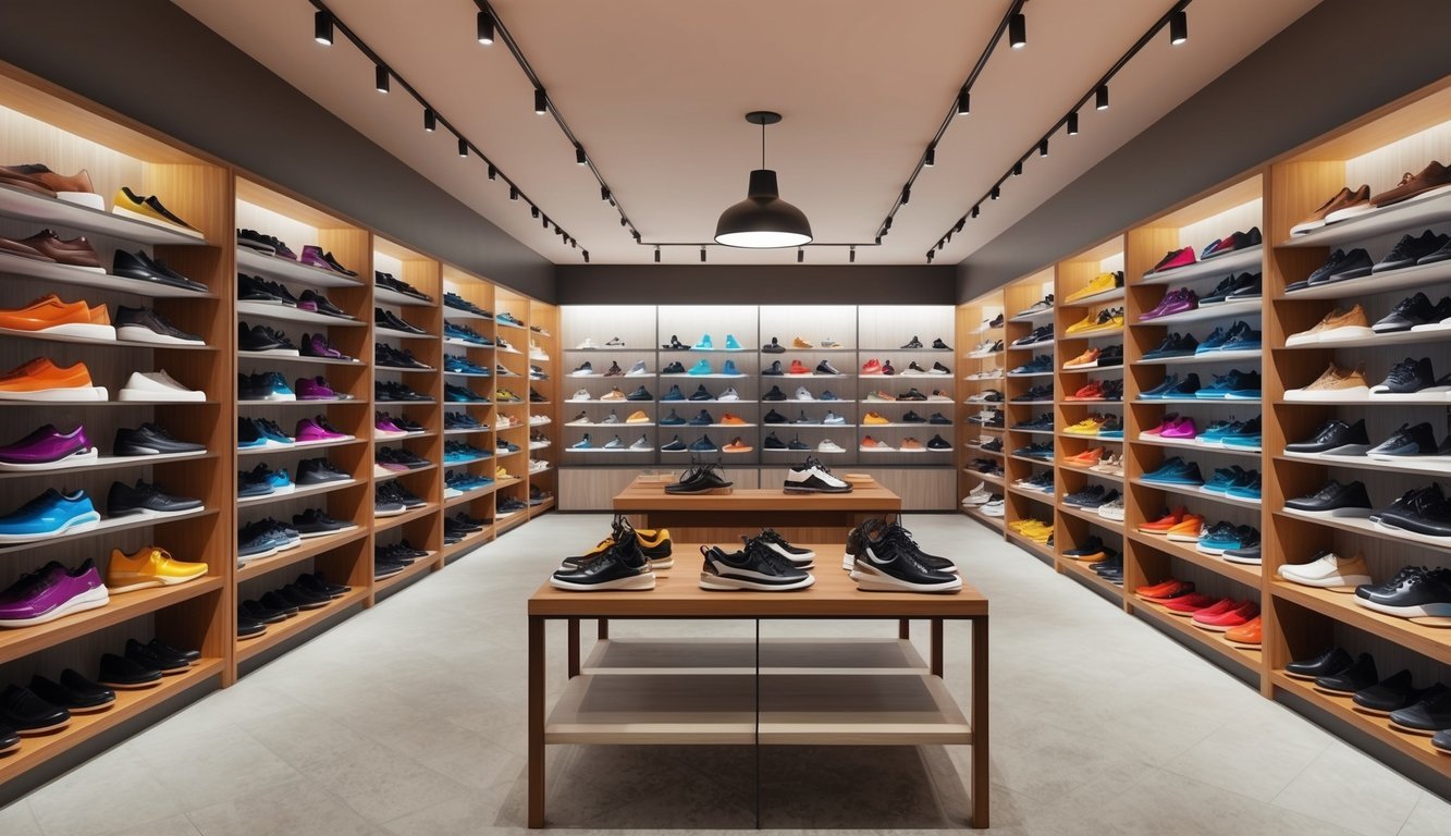 A colorful array of shoes displayed on shelves and racks in a spacious and well-lit shoe store