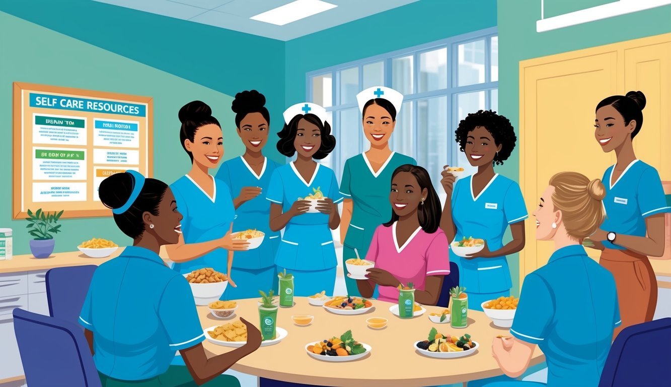 A group of nurses gather in a bright, open break room, chatting and laughing over healthy snacks and herbal teas.</p><p>A bulletin board displays self-care resources and positive affirmations