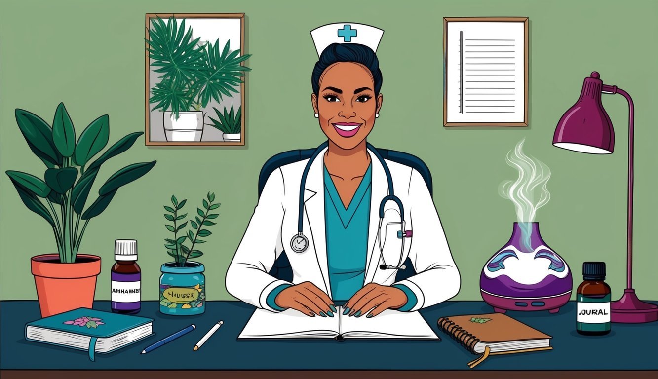 A nurse sitting at a desk, surrounded by self-care items like a plant, aromatherapy diffuser, and a journal
