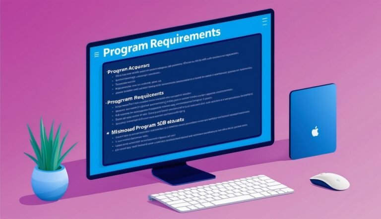 Computer screen displaying "Program Requirements" with a keyboard, mouse, and tablet