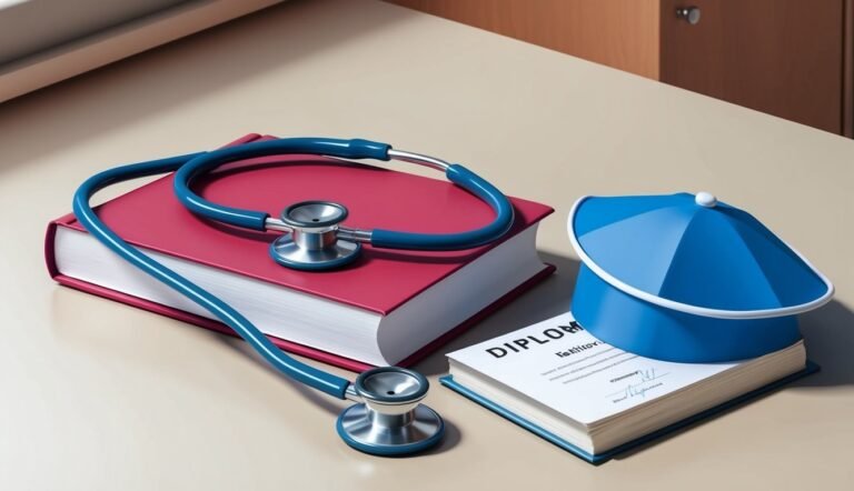Stethoscope on a book, graduation cap, and diploma on a table