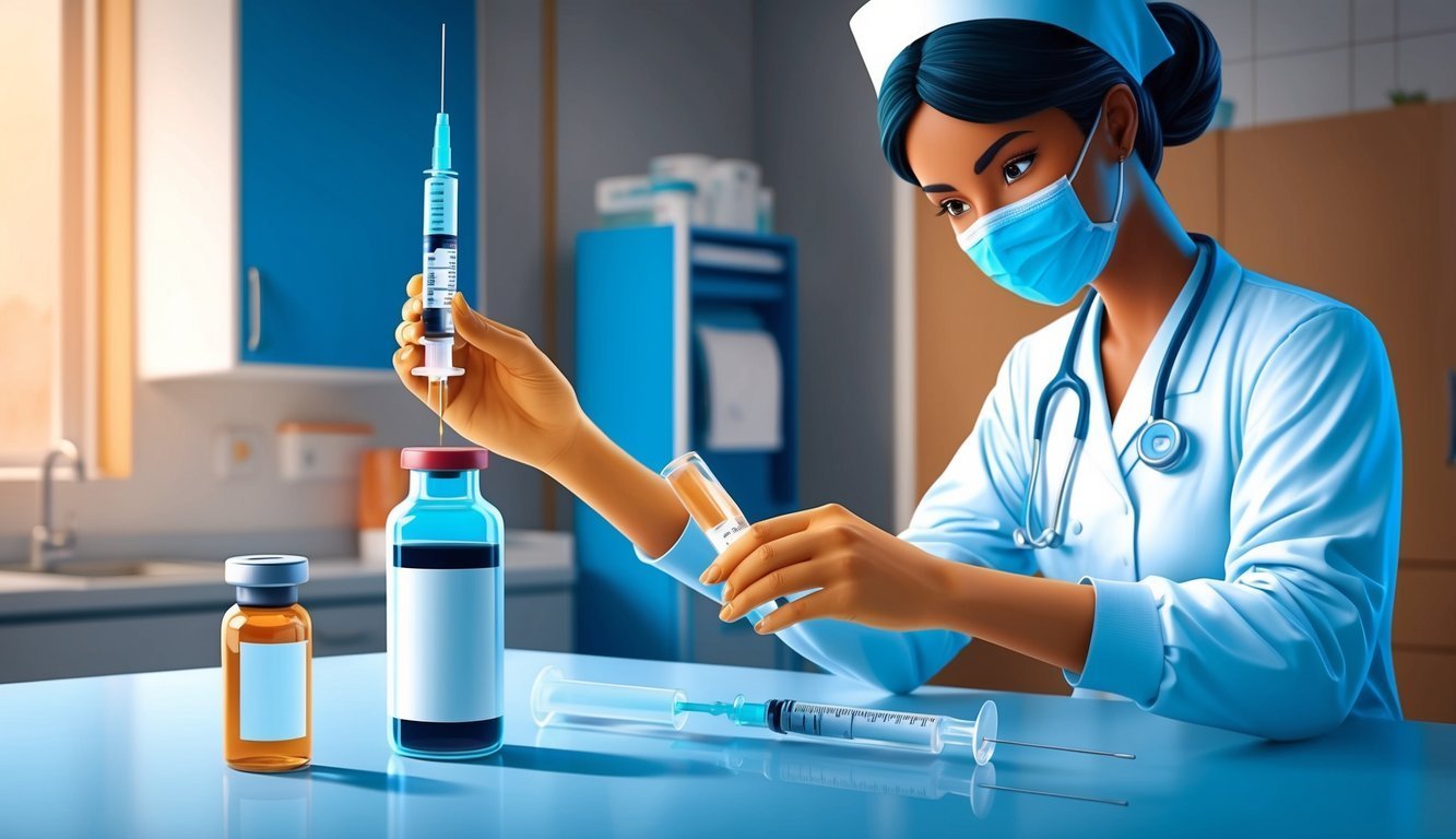 Nurse preparing a syringe with vaccine from a vial in a medical setting