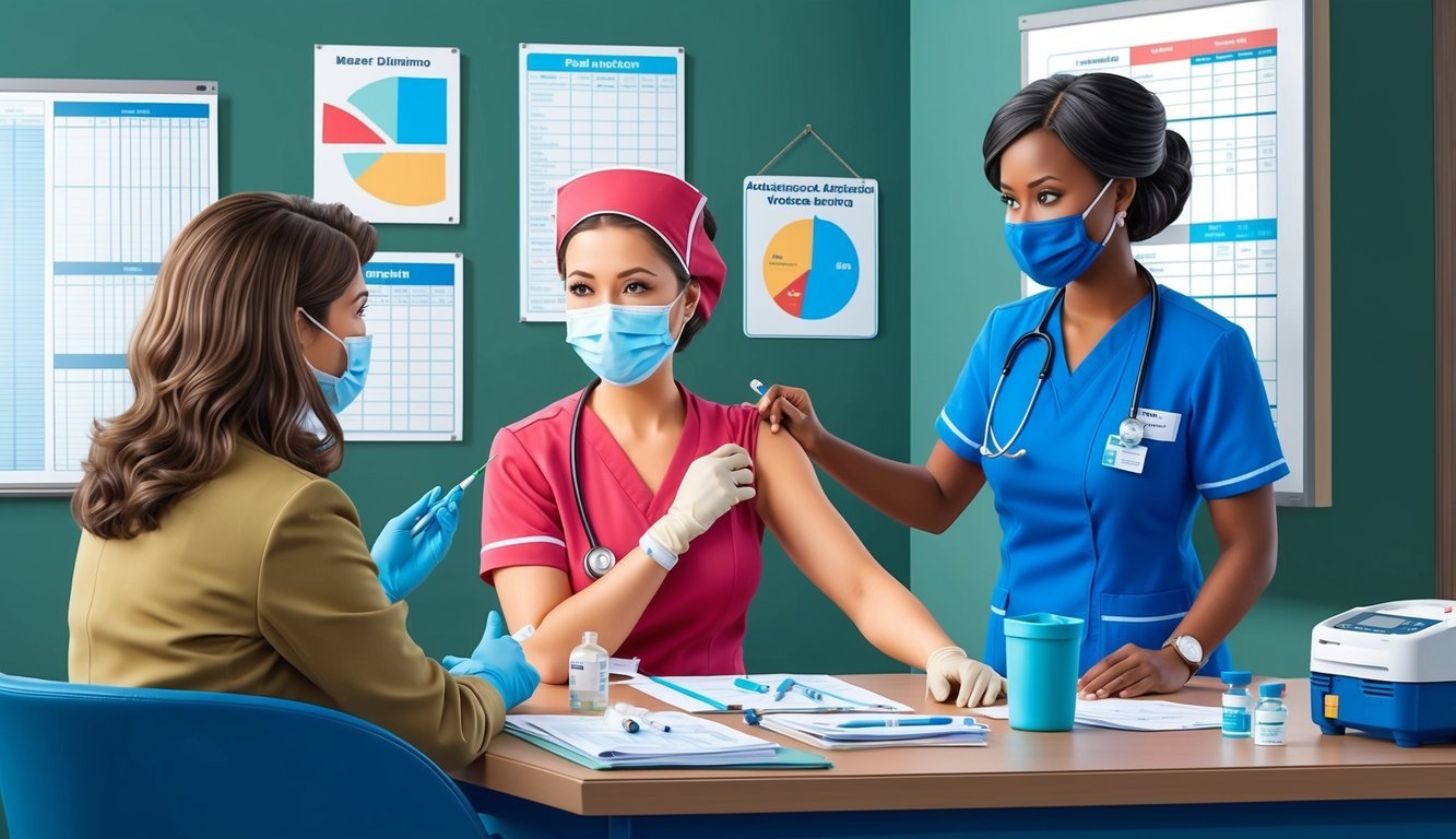 A nurse injector in a professional development seminar, surrounded by medical equipment and charts, while receiving guidance from a mentor