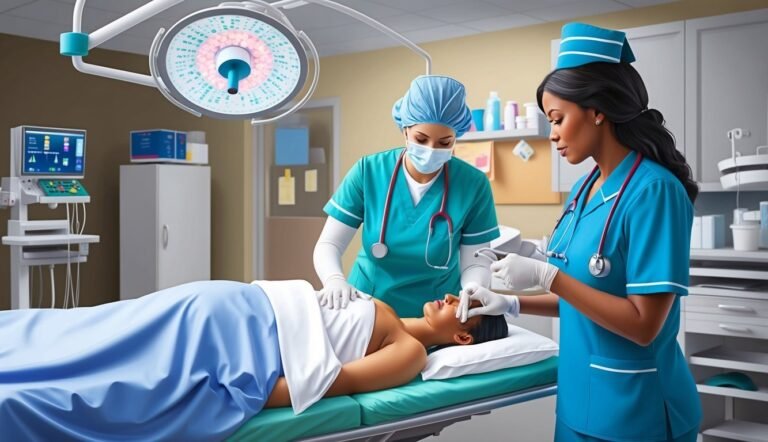 Two nurses tending to a patient in an operating room