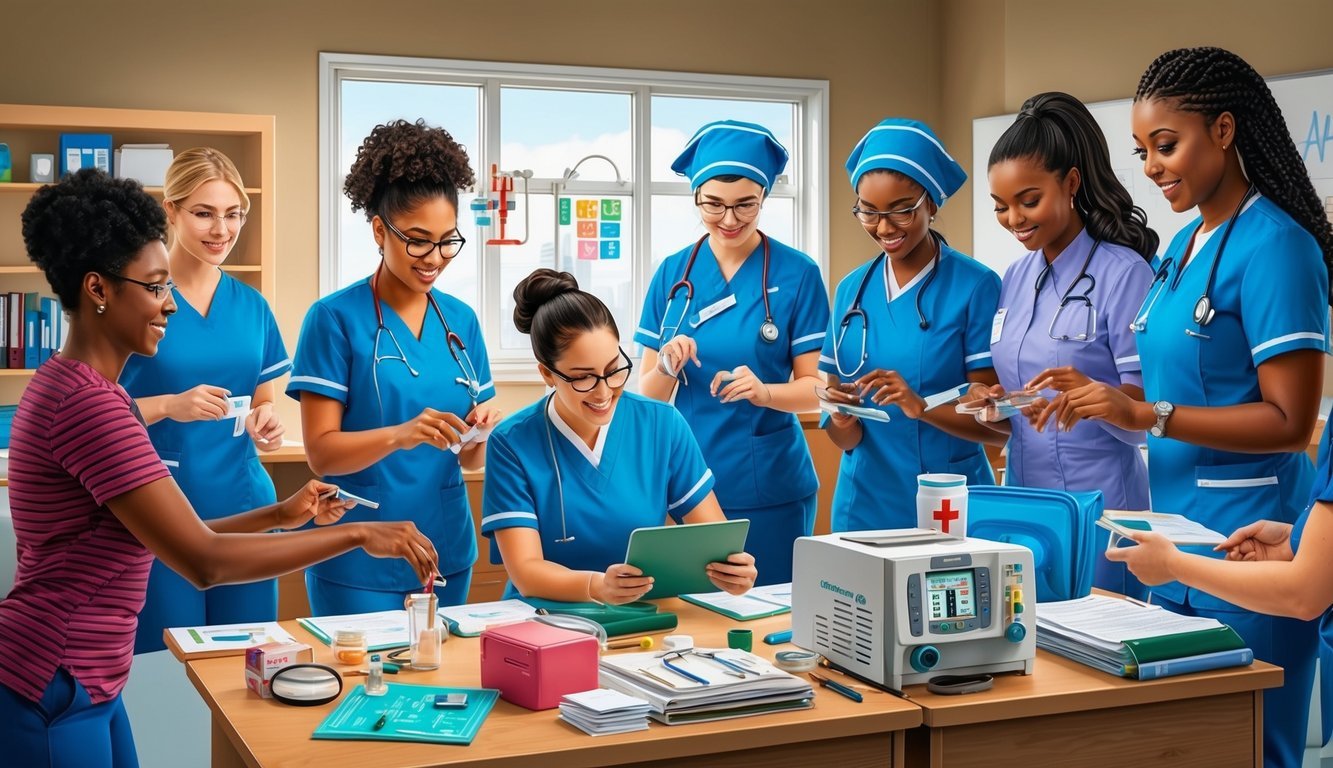 A classroom setting with nursing students engaged in hands-on learning activities, surrounded by medical equipment and educational materials