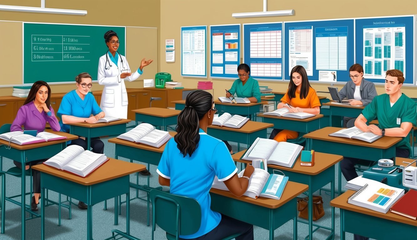 A classroom setting with nursing textbooks, charts, and medical equipment.</p><p>A teacher instructs students while others study independently