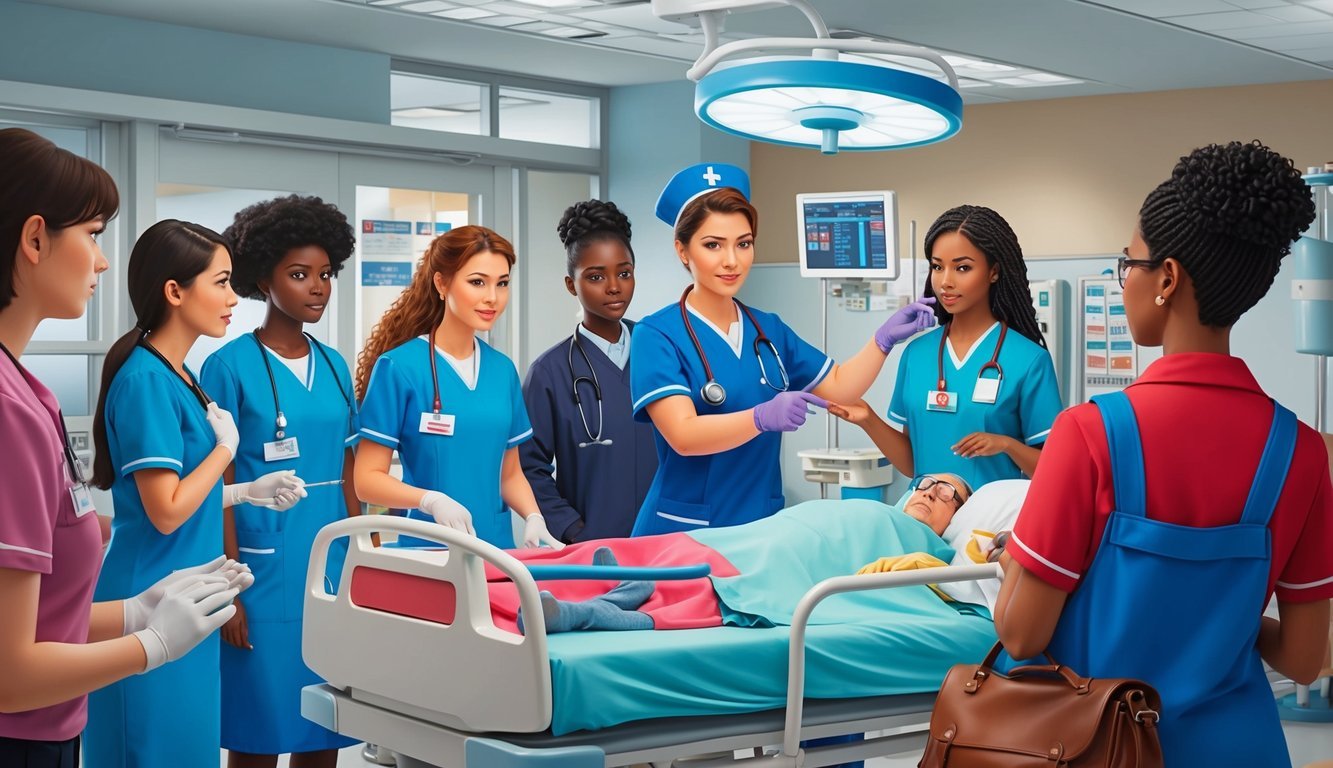 A nurse instructs a group of students in a hospital setting, demonstrating clinical procedures and patient care