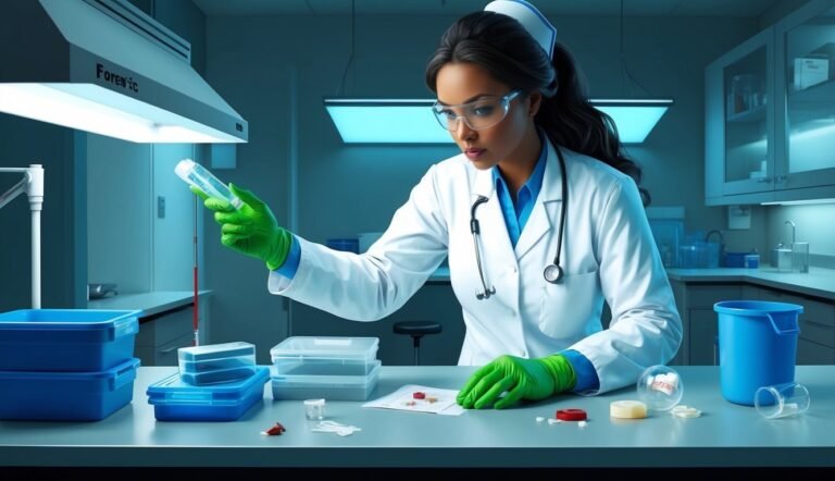A lab technician examines a vial in a forensic science lab