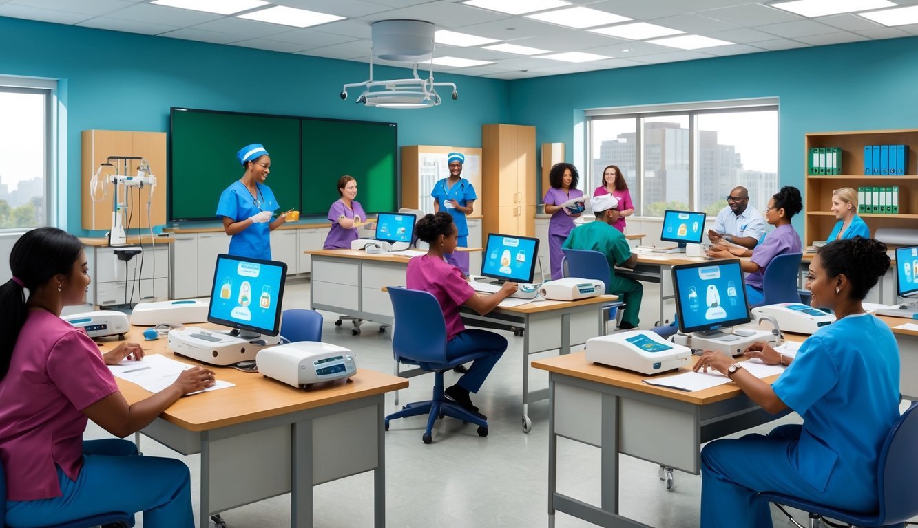 A classroom setting with modern nursing equipment and technology, surrounded by adult learners engaged in interactive and hands-on learning activities