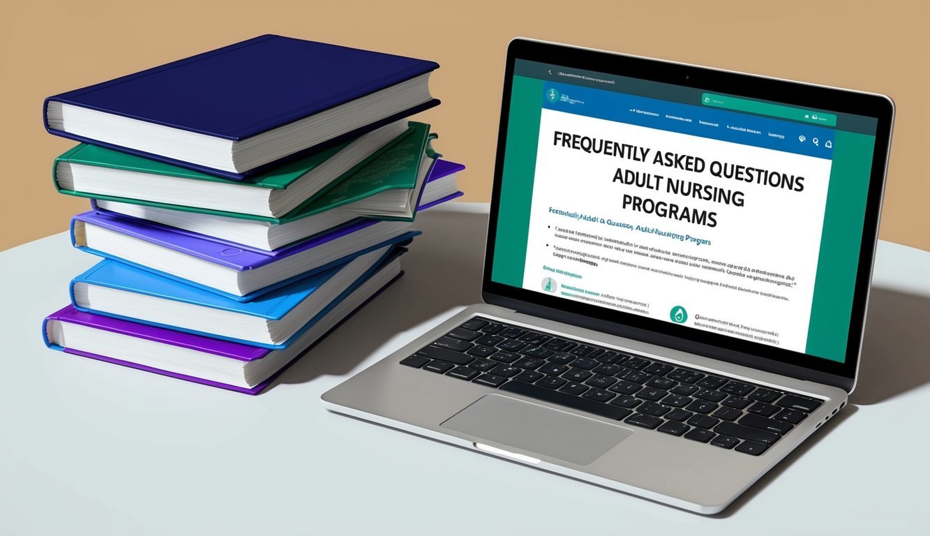 A stack of open textbooks and a laptop displaying a webpage with the title "Frequently Asked Questions adult nursing programs."