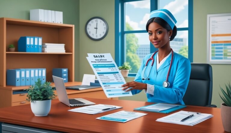 Nurse in blue scrubs holding paperwork at a desk in an office