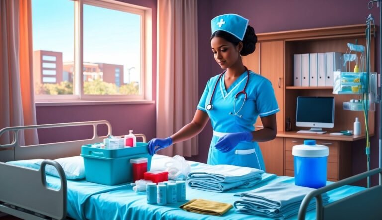 Nurse in blue scrubs preparing a hospital bed with supplies